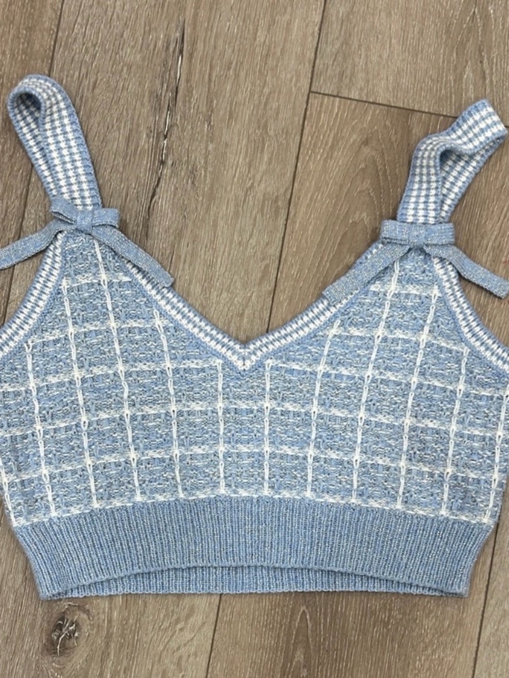 LoveShackFancy Powder Blue Knit V-Neck Cropped Camisole